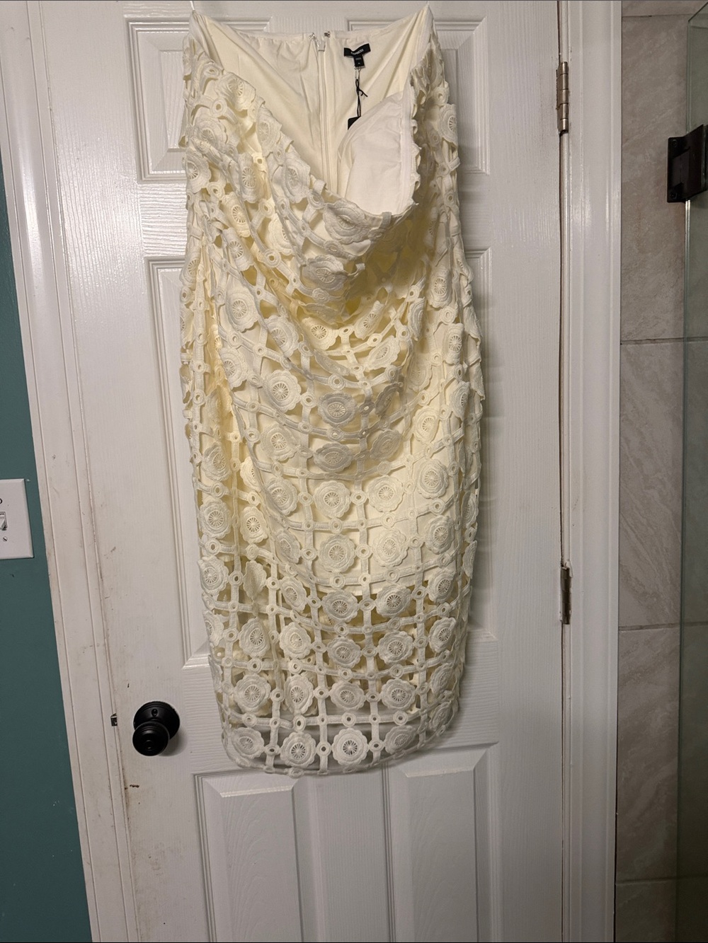 Express Strapless Crochet Midi Dress in Ivory Cream